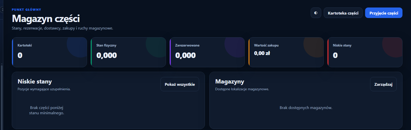 Prawdziwy ekran magazynu części ASK Serwis Manager